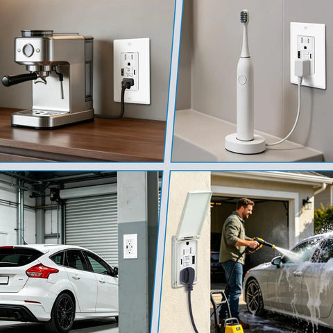 Top Notch Gfci Outlet Featuring Usb C And Type A Fast Charging Ports Self Testing Led Light powering coffee machine, toothbrush, and car washer.