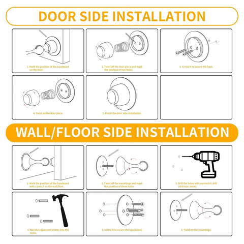 Illustration of Heavy Duty Stainless Steel Door Stopper With Magnetic Catch installation steps for door and wall surfaces.