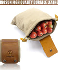 Waxed Canvas Foraging Belt Pouch With Leather Trim, open with tomatoes inside, showcasing durable leather and canvas.