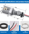 Product image of Two Pack Photocell Sensor For Outdoor Lighting, 120V AC, 50/60 Hz, IP54 Waterproof, with dimensions and components like waterproof ring.
