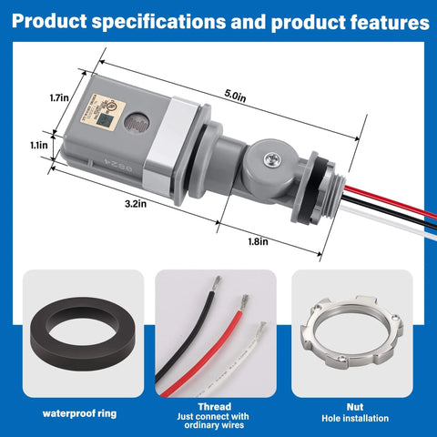 Product image of Two Pack Photocell Sensor For Outdoor Lighting, 120V AC, 50/60 Hz, IP54 Waterproof, with dimensions and components like waterproof ring.