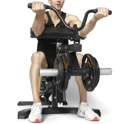 Curl Machine Attachment For Your Workbench With 200 Lb Capacity Plate Loaded Bicep Builder Station in use showing arm pad