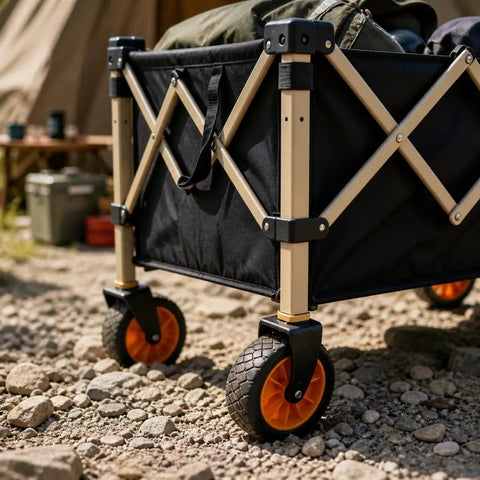Heavy Duty Outdoor Folding Utility Wagon With 125 Liter Capacity And 600D Oxford Zero Hassle Folding Design Rolls Like A Dream On 5 Inch Silent Swivel Wheels shown on gravel surface