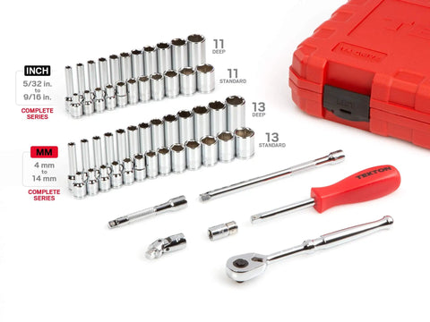 1/4 Inch Drive 6-Point Socket And Ratchet Set, 55-Piece With Standard And Deep Sockets In Inch And Metric Sizes, with case.