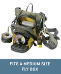 Micro Fly Fishing Chest Pack with front workstation, tippet spool holder, and fly box compartment, fits two boxes, green