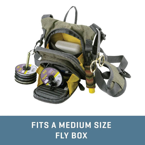 Micro Fly Fishing Chest Pack with front workstation, tippet spool holder, and fly box compartment, fits two boxes, green
