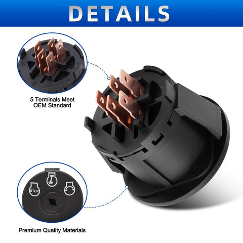 Angled side view of lawn mower ignition switch with key, 5 copper terminals, black plastic housing.