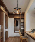 Farmhouse Style Pendant Light Fixture For Dining Room Hallway Entryway And Kitchen Island 1 Light Industrial Chandelier With Oak White Frame And Black Matte Iron Finish UL Listed For Indoor Living Spaces in a modern home office setting.