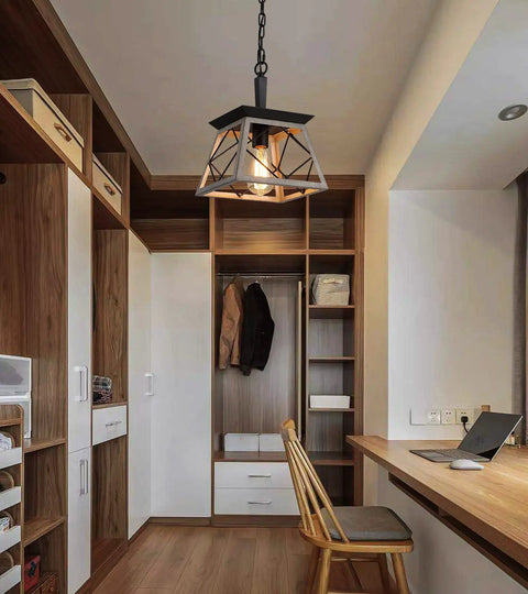 Farmhouse Style Pendant Light Fixture For Dining Room Hallway Entryway And Kitchen Island 1 Light Industrial Chandelier With Oak White Frame And Black Matte Iron Finish UL Listed For Indoor Living Spaces in a modern home office setting.