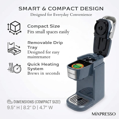 One Touch Single Cup Coffee Brewer With Quick Brew, 12 Oz Grey Coffee Maker, Compatible With K Cups And Ground Coffee.