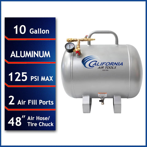 Lightweight 10 Gallon Aluminum Air Tank With One Quarter Inch Quick Connector Hose And Tire Chuck, Rust Free Portable Air Tank