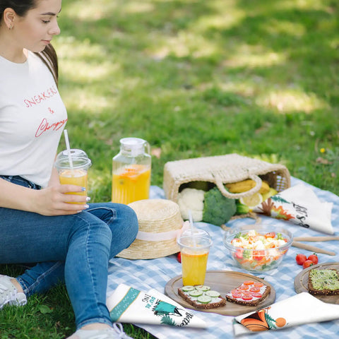 Picnic setting with Set Of 6 Camping Kitchen Towels, 24 X 16 Inches, White Absorbent Dishcloths on blanket with food and drinks.