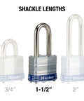 Comparison of shackle lengths in Two Pack Laminated Steel Padlocks With Keys Keyed Alike 1-1/2 inch highlighted
