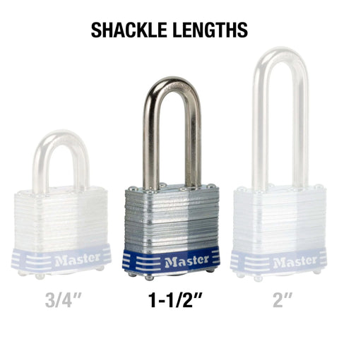 Comparison of shackle lengths in Two Pack Laminated Steel Padlocks With Keys Keyed Alike 1-1/2 inch highlighted