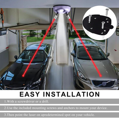 Dual Laser Garage Parking Sensor With AC Adapter And 360 Degree Adjustable Arms projecting lasers in a garage for parking assistance.