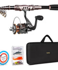 Telescopic Spinning Rod And Reel Kit For Beginners With Lures Hooks Line Case And Accessories All In One Fishing Gear Organizer Bag Ready To Go Durable Travel Friendly Setup displayed with carry case and accessories.