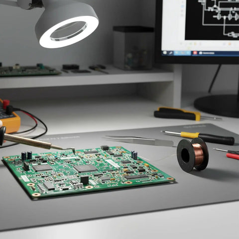 Two Pack 0.1mm Enameled Copper Solder Wire for PCB and Cell Phone Motherboard Repair next to a circuit board on a desk