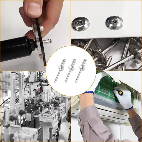 Heavy Duty Aluminum Dome Head Blind Rivets Set - Assorted Sizes, 215-Piece Kit in use with metal projects