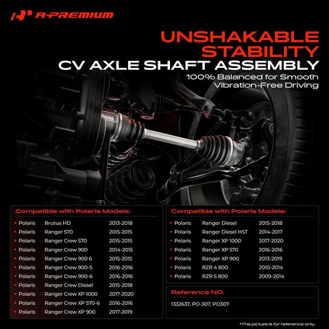 Heavy Duty Front CV Axle Shaft Assembly Set For Polaris Ranger Crew And Brutus Utv with detailed compatibility chart.