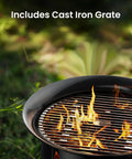 Top view of 58,000 BTU Portable Propane Fire Pit with 19 inch cast iron grill grate and flames