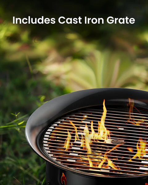 Top view of 58,000 BTU Portable Propane Fire Pit with 19 inch cast iron grill grate and flames