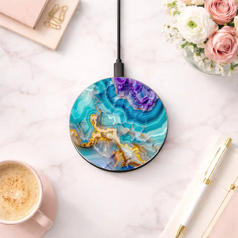Blue Agate Marble Wireless Charger 15W Fast Wireless Charging For iPhone And Android Premium Office Desk Accessory