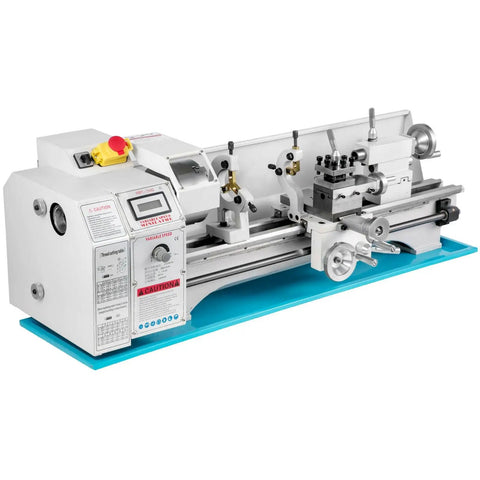 Peixu 8.7 By 29.5 Inch Mini Metal Lathe With 1100W Brushless Motor And Variable Speed Up To 3000 Rpm, front view showcasing controls and chuck.