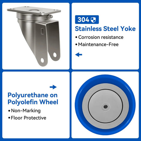 Tough As Nails Five Inch Stainless Steel Casters Smooth As Butter Polyurethane Wheels Built Like A Tank Industrial Swivel Set rustproof stainless steel yoke and polyurethane wheel.