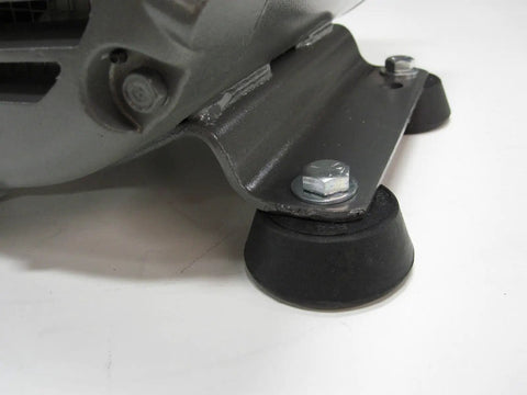 Close-up of Premium Rotary Phase Converter base with rubber mounts and metal plate, designed for stability in tight spaces.