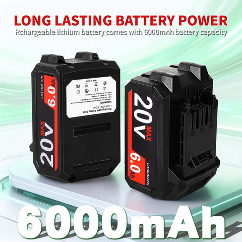 6Ah 20V Lithium Battery compatible with Skil tools, showcasing beefy power and long lasting runtime for outdoor equipment.