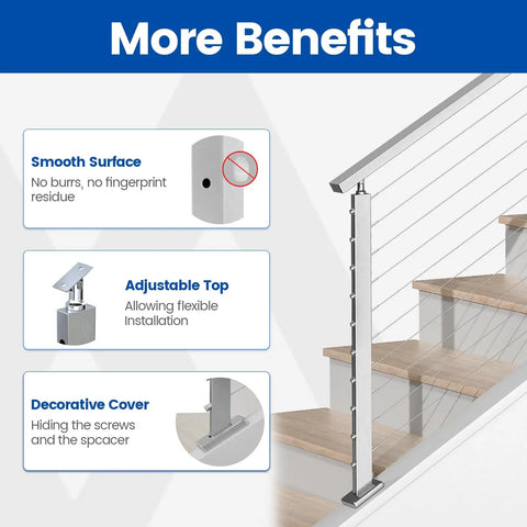 Slope Cable Railing Post 36 Inch For 25 To 40 Degree Slopes Brushed T304 Stainless Steel Cable Railing System showing features