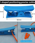 Blue pipe cutter beside orange polyurethane pneumatic hose for air compressor, illustrating precise cuts and positioning.