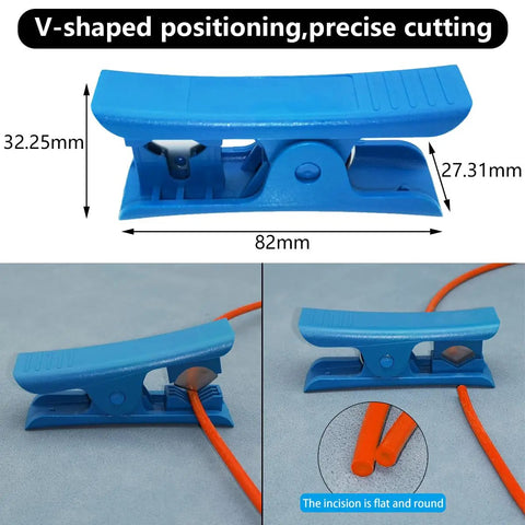 Blue pipe cutter beside orange polyurethane pneumatic hose for air compressor, illustrating precise cuts and positioning.