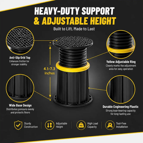 Heavy Duty Adjustable Bed Support Legs Built Tough Keep Your Mattress Frame Slammin Steady Height Tweakable, 4.1 to 7.3 inches.
