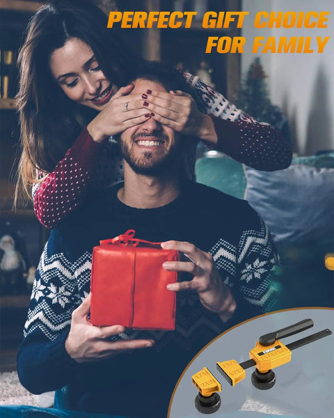 Couple exchanging gifts with inset of 20mm Bench Dog Clamp Kit For Woodworking Grips Up To 155 Lbs Adjustable Hold Down Clamps