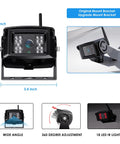 Wireless Backup Camera System Kit with dual 7 inch LCD, IP69K waterproof, showing camera with wide-angle and LED IR lights.