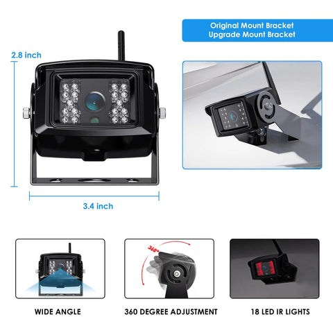 Wireless Backup Camera System Kit with dual 7 inch LCD, IP69K waterproof, showing camera with wide-angle and LED IR lights.