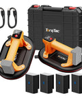 TorqTac 10 Inch Electric Vacuum Suction Cup Lifter with two handles, charging cables, and battery pack for heavy loads.