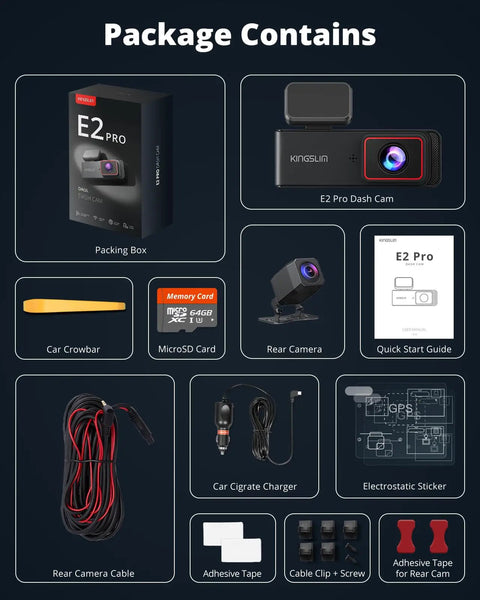 Dual 2K Front And Rear Dash Cam With 64GB SD Card Wireless WiFi Car Camera package contents including accessories.