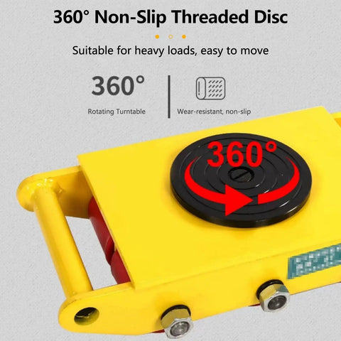 Badass Heavy Duty Moving Skates With 360 Degree Swivel And Non Slip Pads Rock Solid Carbon Steel Equipment Rollers For Factory And Warehouse Workloads Smooth Ride Load Movers Set Of Four showing a close-up of the 360° non-slip threaded disc and yellow base.