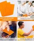 Collage showing Six Piece Body Filler Spreaders Set For DIY Auto Body Repair, used for food cutting, tint film, and wall painting.