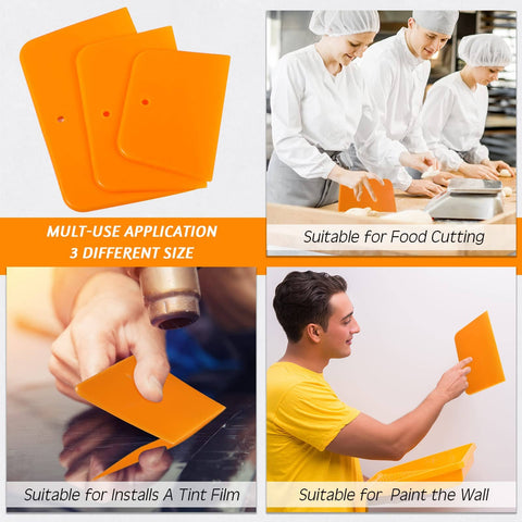 Collage showing Six Piece Body Filler Spreaders Set For DIY Auto Body Repair, used for food cutting, tint film, and wall painting.