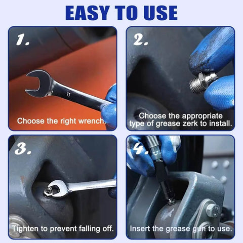 Installation steps for All-In-One SAE And Metric Grease Fittings Assortment Kit With Plastic Caps, 310-Piece Zinc-Plated Steel Nipple Set