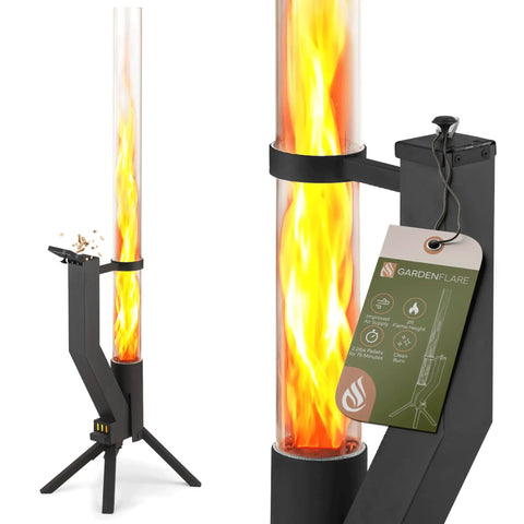 Stainless Steel Pellet Stove Smokeless Firepit with Fire Tube, elegant design for cozy backyard bonfire and outdoor ambiance.
