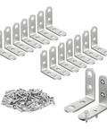 All In One Stainless Steel L Bracket Set With 80 Screws For Furniture Shelves, 90 Degree Corner Braces, Rust Proof Set displayed