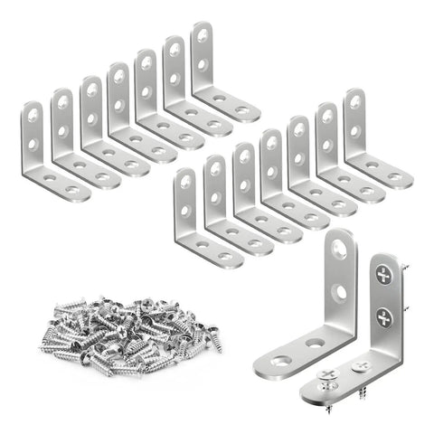 All In One Stainless Steel L Bracket Set With 80 Screws For Furniture Shelves, 90 Degree Corner Braces, Rust Proof Set displayed