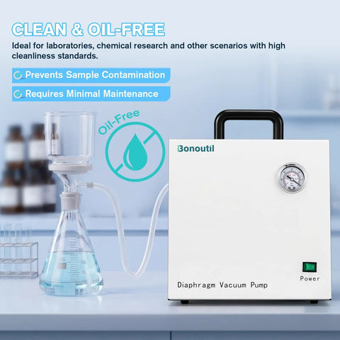 Oil Free Diaphragm Vacuum Pump With 20 Liter Per Minute Flow Rate And No Sweat Suction for lab use and filtration setup.