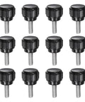 12 Pack Premium Knurled Thumb Screws M4 By 12 Millimeter Stainless Steel Bolts in black, suitable for workshop fixtures and DIY projects.