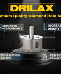 Drilax 2-3/4in diamond hole saw with 1-1/8in cut depth and 3/8in shank for tile, glass, granite and porcelain.