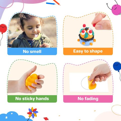 Kids playing with 66 Color Modeling Clay Kit For Kids With Tools, showcasing easy shaping, no sticky hands, no fading, no smell.